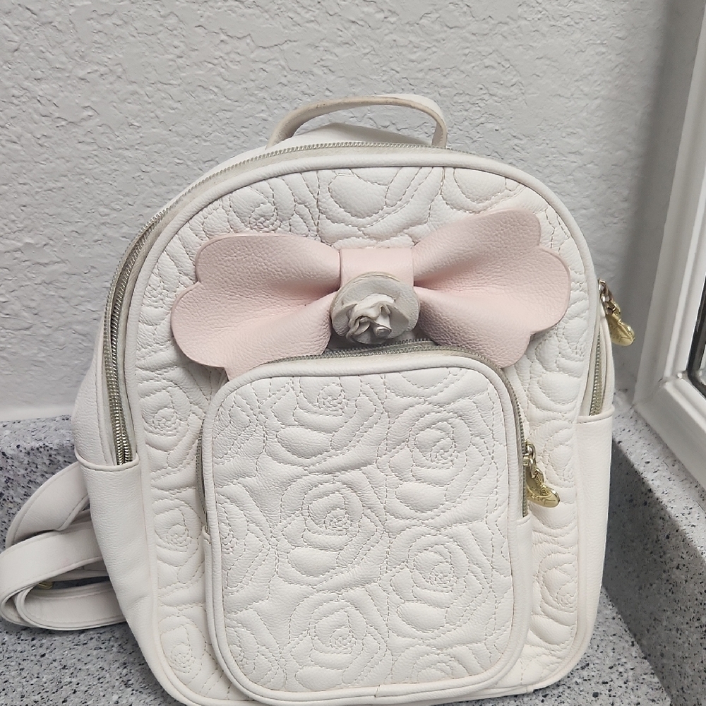 Betsey Johnson White and Pink Quilted Small Backpack
